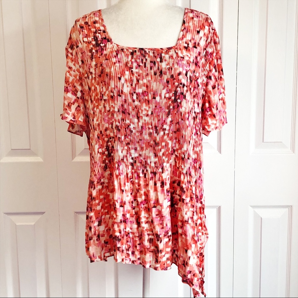 Sami & Jo Plus Colorful Print Pleated Split Sleeve Asymmetric Blouse 2X